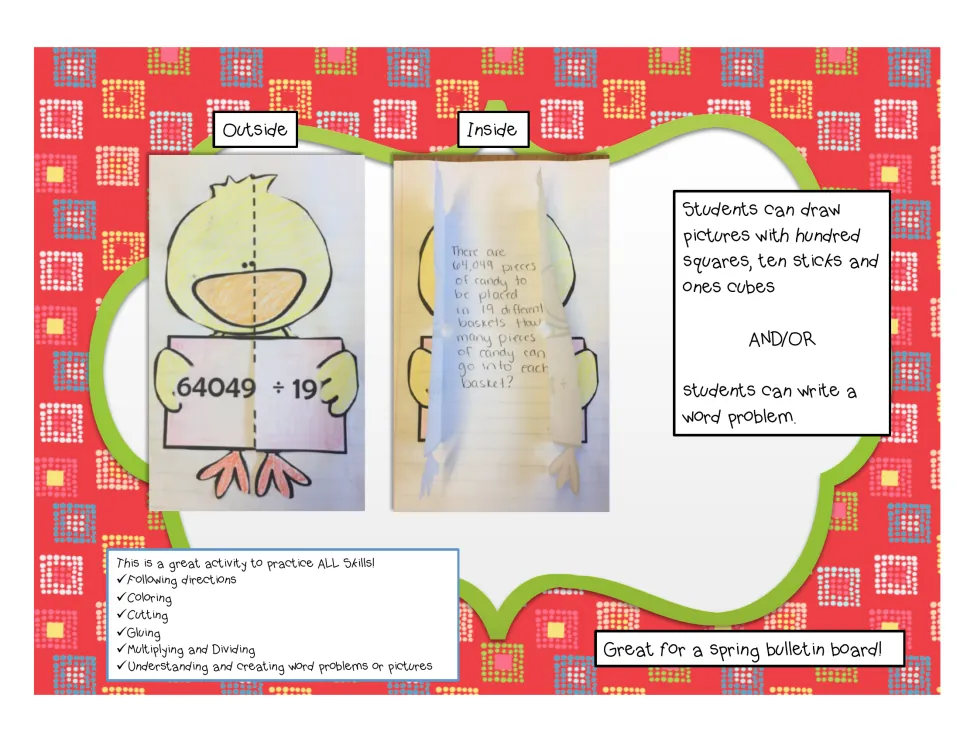 Sample chick craft for 64049 ÷ 19, outside and inside, with a student's candy-basket word problem under the flap