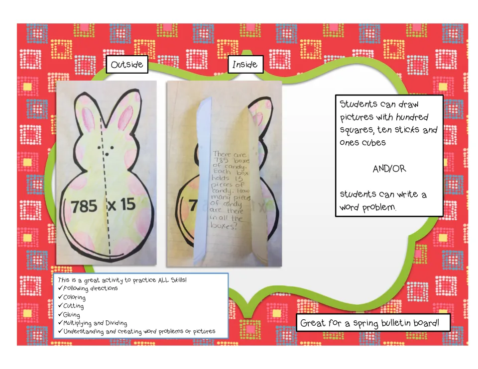 Sample bunny peep craft for 785 x 15, outside and inside, with a student's boxes-of-candy multiplication story problem