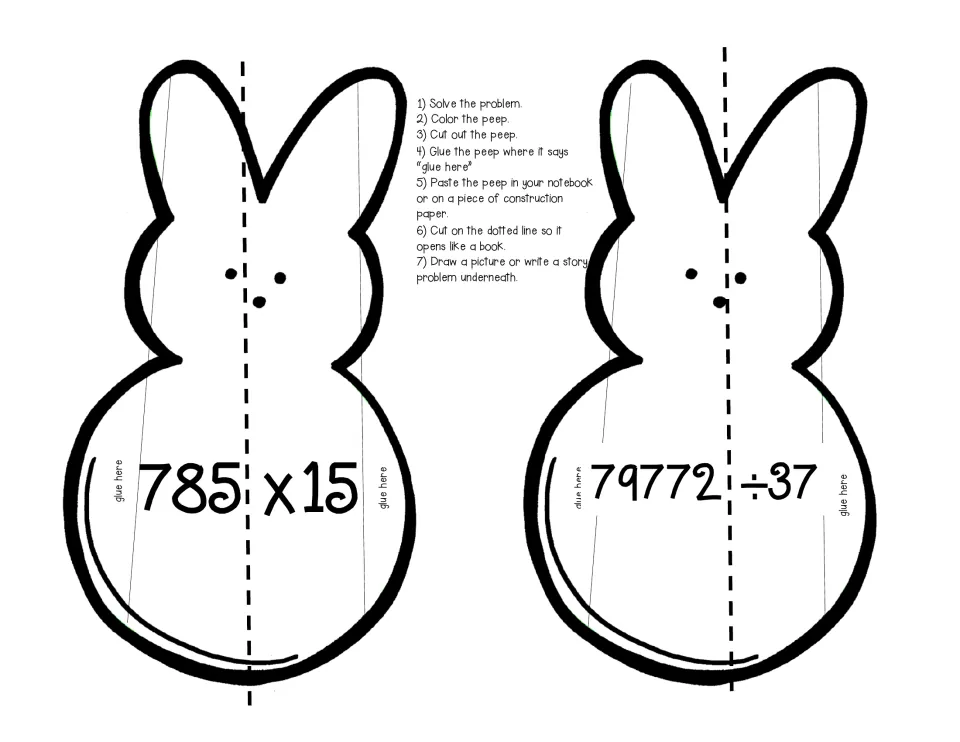 Bunny peep cut-outs with 785 x 15 and 79772 ÷ 37: students solve, color, cut, glue and write a story problem inside