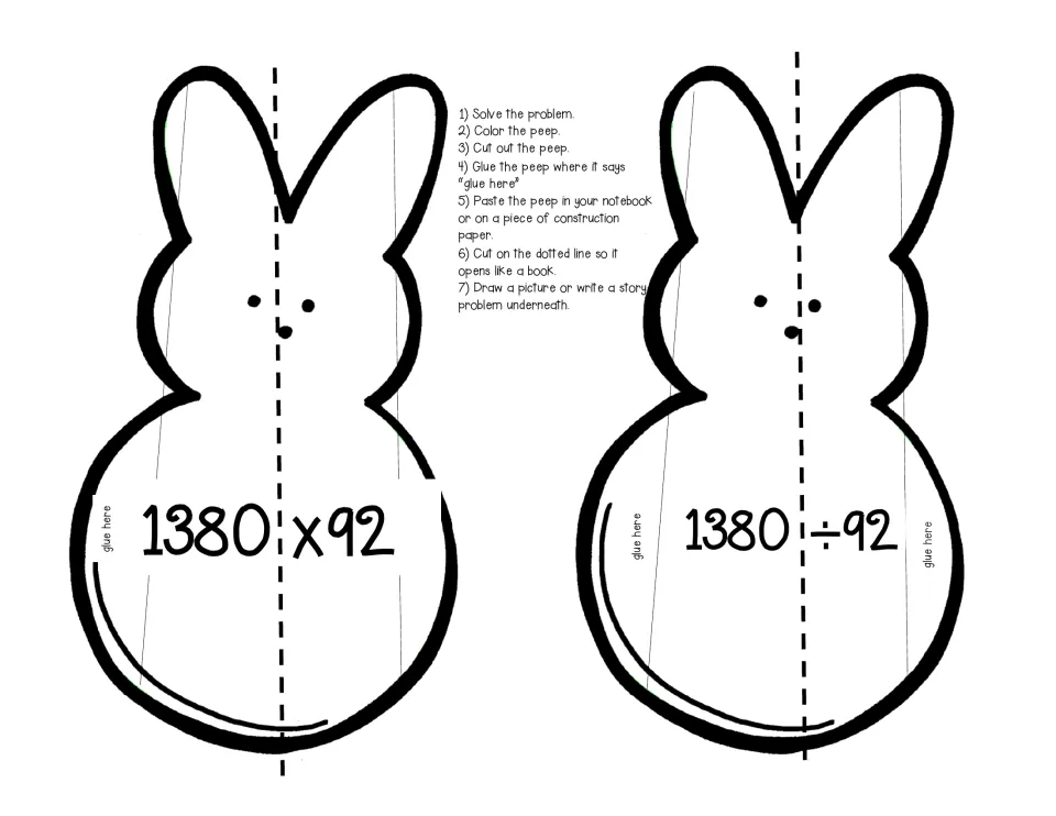 Bunny peep cut-outs pairing 1380 x 92 with 1380 ÷ 92; students solve both, then draw or write a story problem inside