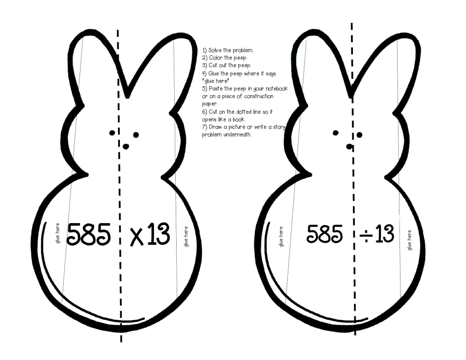 Bunny peep cut-outs with 585 x 13 and 585 ÷ 13 to solve, color, cut out and glue, then explain with a picture or story