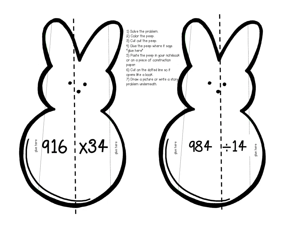 Bunny peep cut-outs with 916 x 34 and 984 ÷ 14; students solve each and write a matching story problem inside the fold