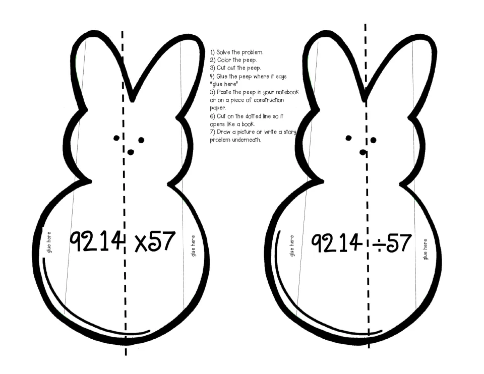 Bunny peep cut-outs with 9214 x 57 and 9214 ÷ 57, four-digit numbers to solve before drawing or writing under the flap