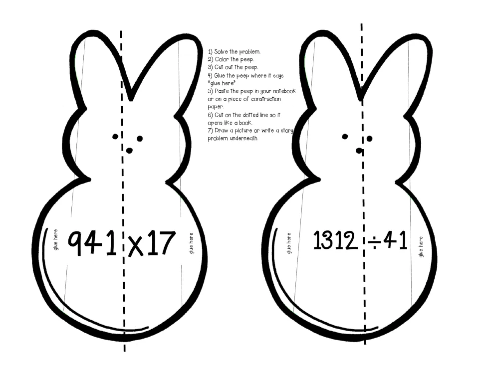 Bunny peep cut-outs with 941 x 17 and 1312 ÷ 41 to solve, then glue into a notebook and add a picture or word problem