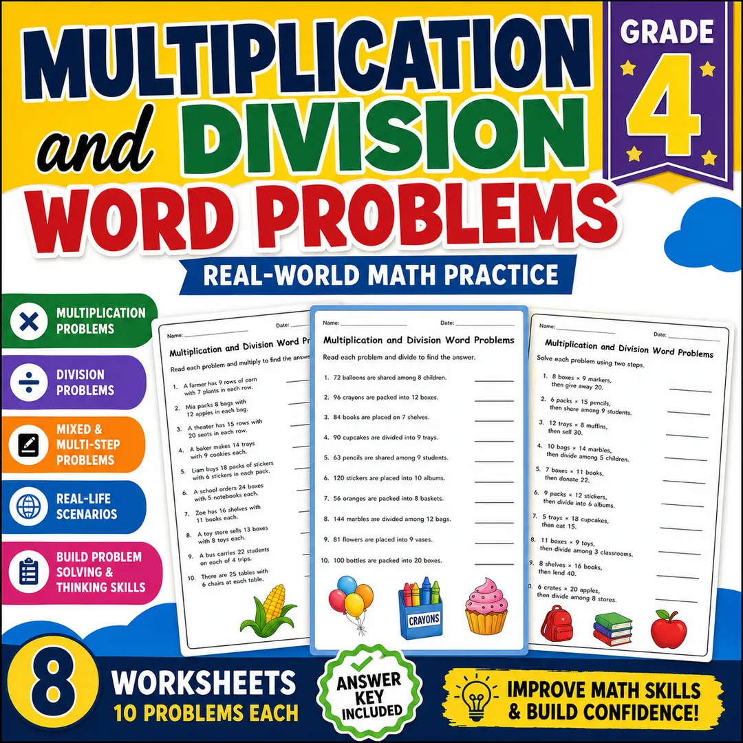 multiplication and division word problems grade 4 with answers – cover