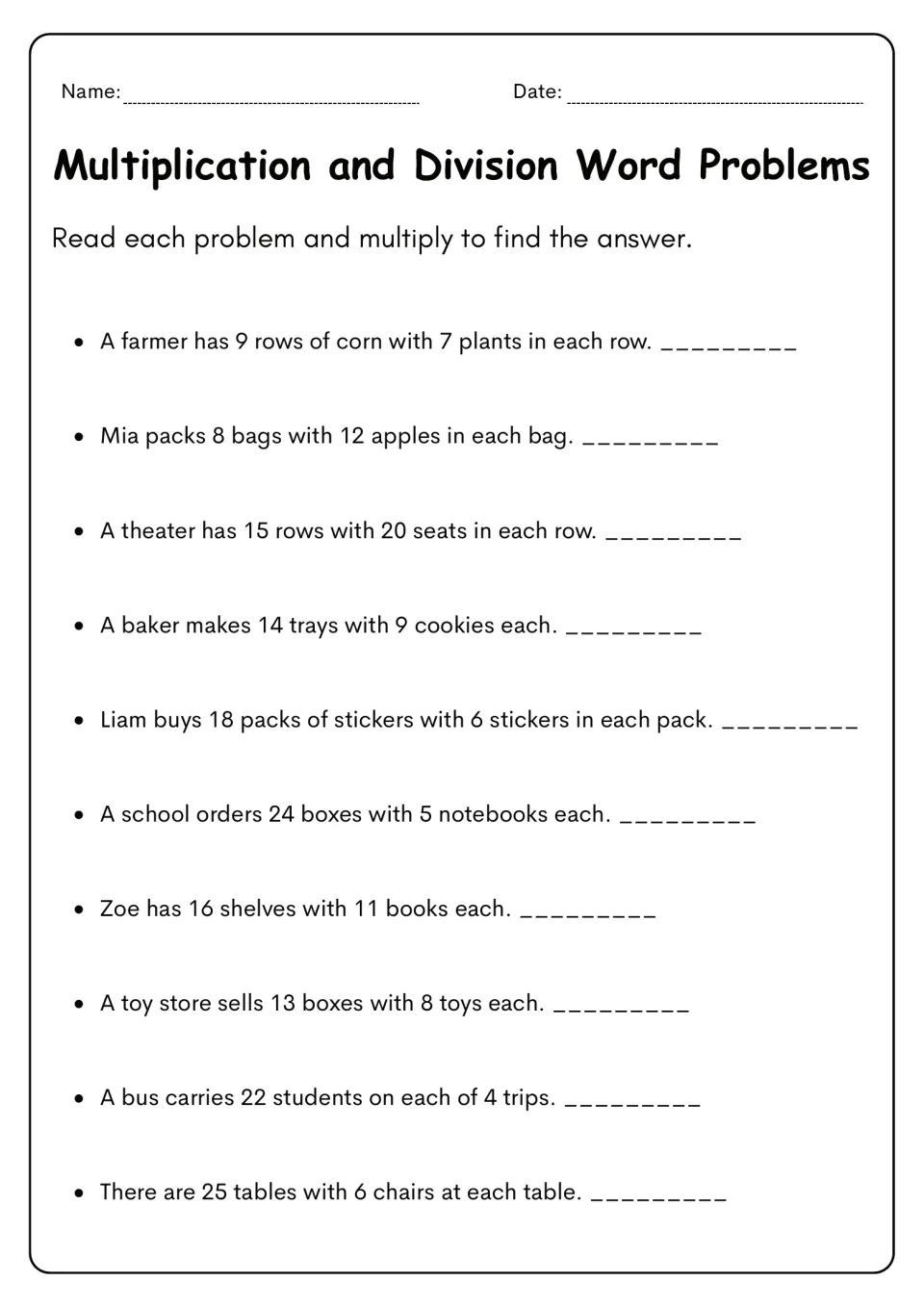 Multiplication word problems: students multiply to solve 10 stories about corn rows, apple bags, theater seats and more