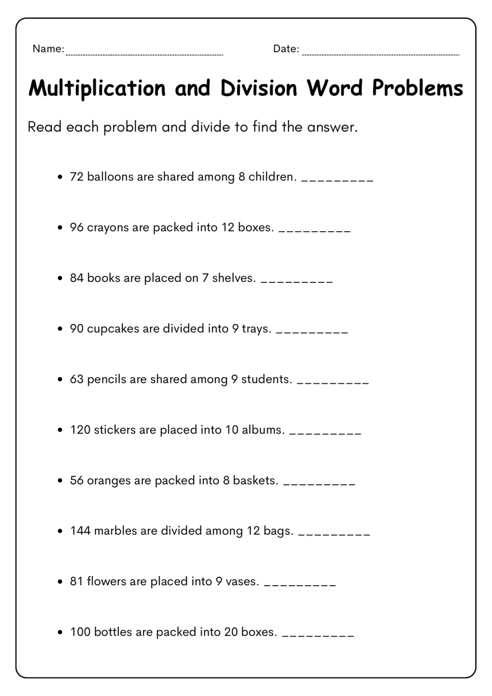 Division word problems: students divide to solve 10 equal-sharing stories with balloons, crayons, books and cupcakes