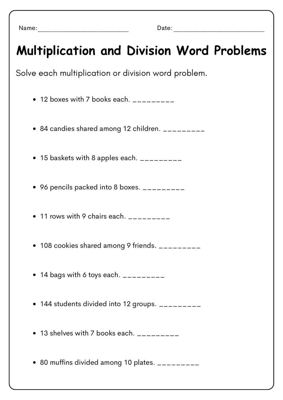 Mixed practice: students decide whether to multiply or divide in 10 problems about boxes, candies, chairs and cookies
