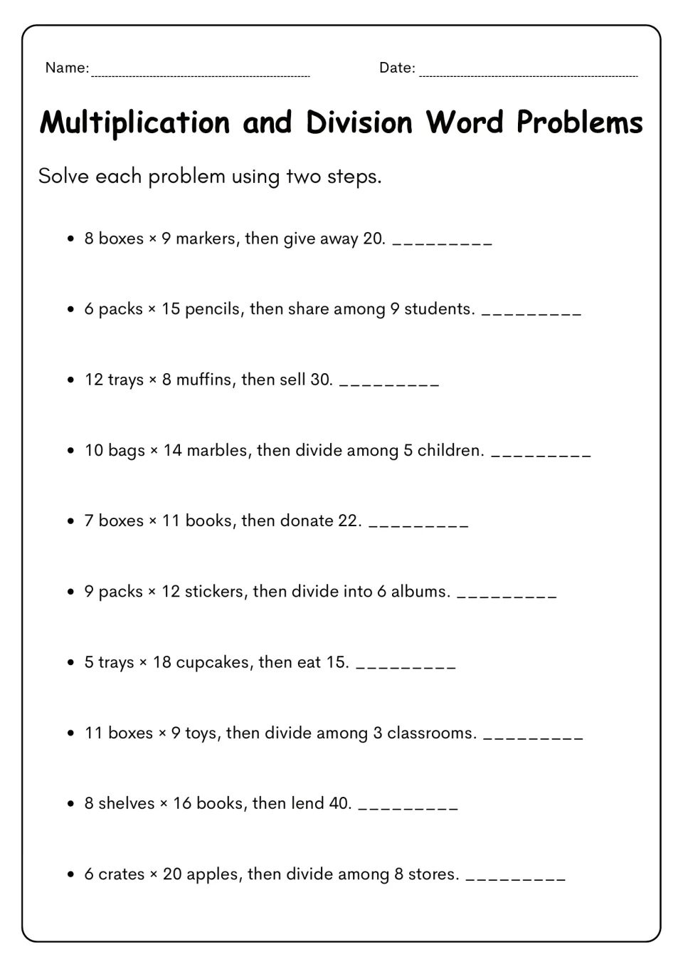Two-step word problems: students multiply groups, then subtract or divide, as in 8 boxes of 9 markers minus 20 given away