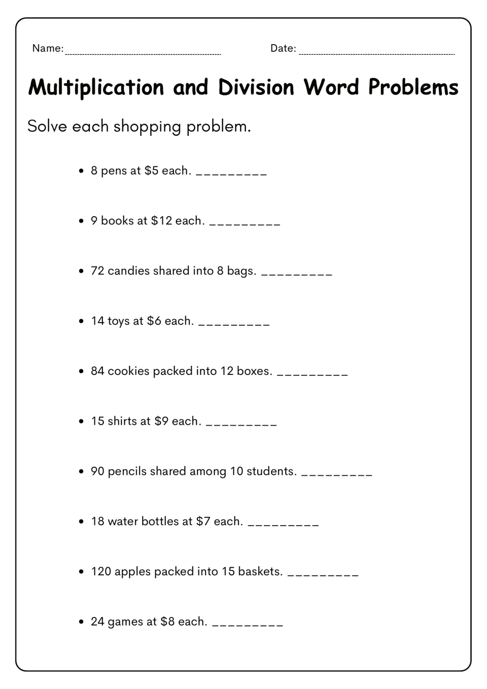 Shopping problems: students find cost totals such as 8 pens at $5 each and split items like 72 candies into 8 bags