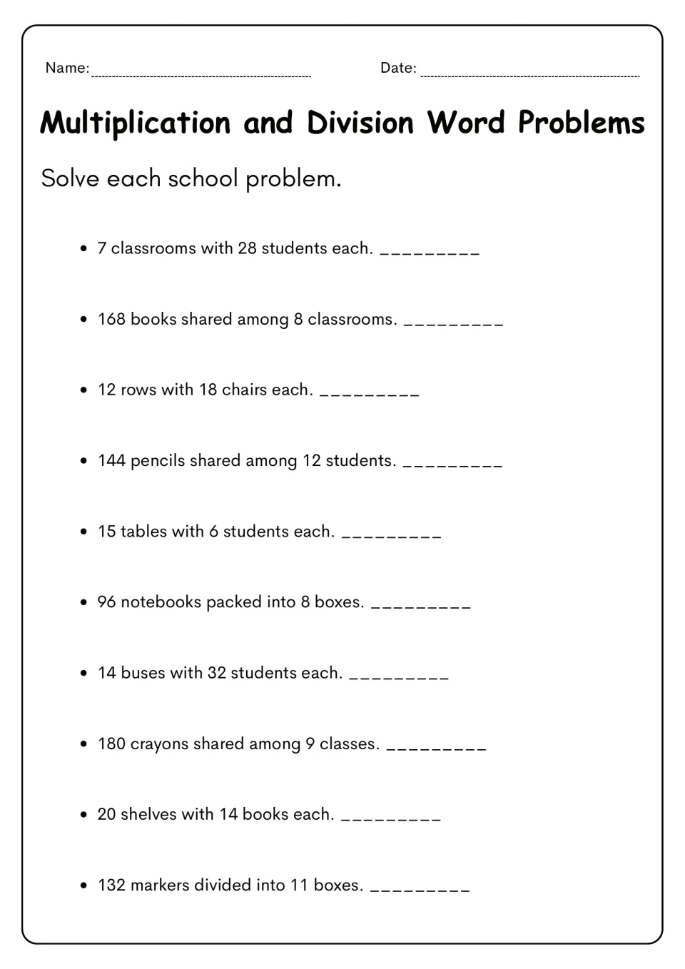 School-themed problems: students multiply and divide with classrooms, buses, chairs, pencils, crayons and book shelves