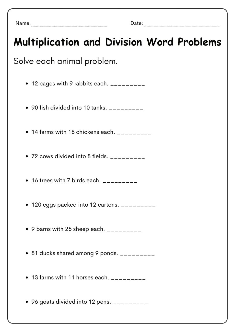 Animal problems: students solve 10 items on rabbits in cages, chickens on farms, eggs in cartons and goats in pens