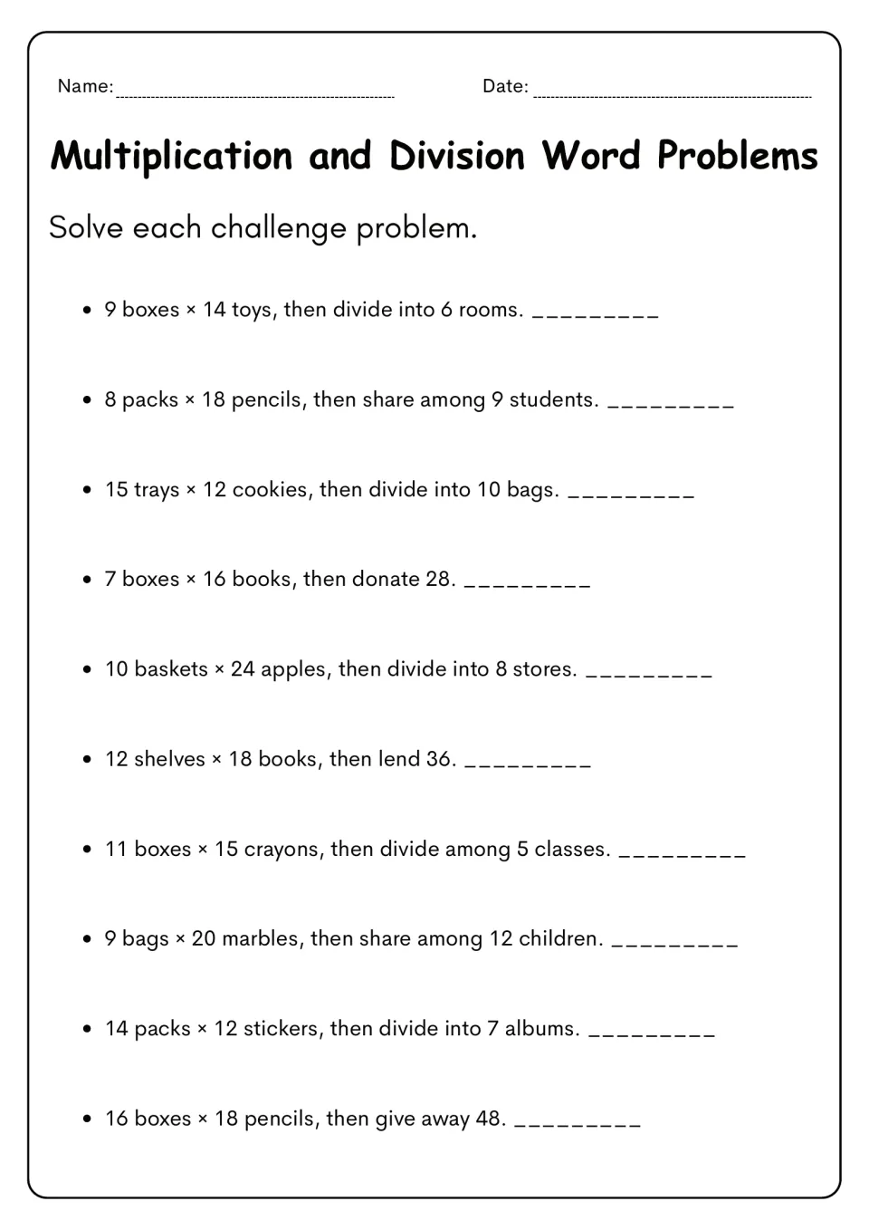 Challenge problems: students multiply groups then share, divide or give away, such as 9 boxes of 14 toys into 6 rooms