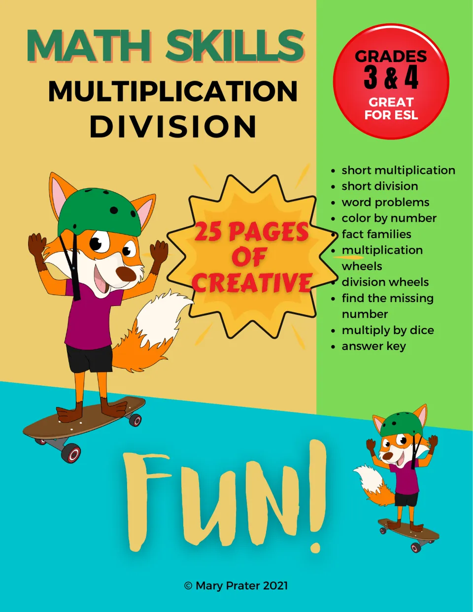 Math Skills Multiplication Division cover for grades 3 & 4: lists fact families, wheels, word problems, dice and answer key
