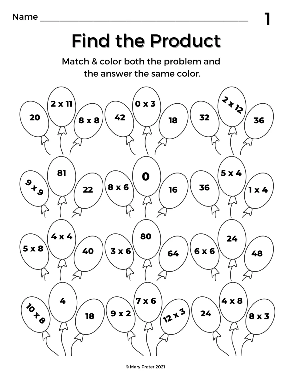 Find the Product: students match each multiplication fact on a balloon to its answer and color both the same color