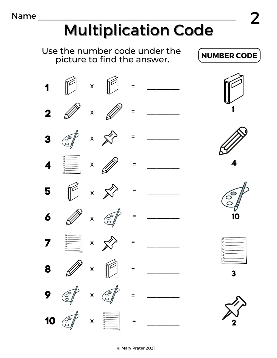 Multiplication Code: students use a picture key (book 1, pencil 4, palette 10, list 3, pin 2) to solve 10 picture equations