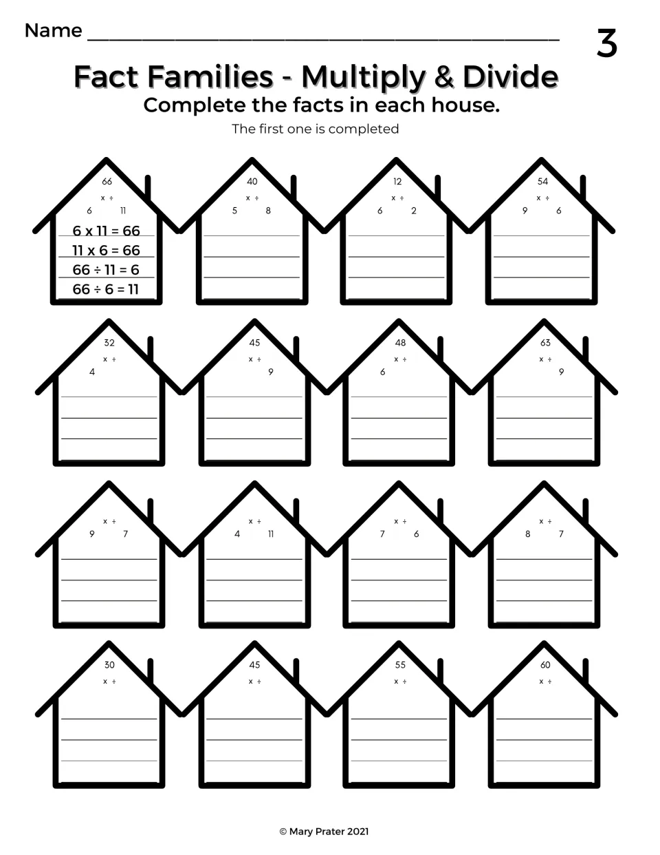 Fact Families - Multiply & Divide: students write two multiplication and two division facts in each of 16 houses