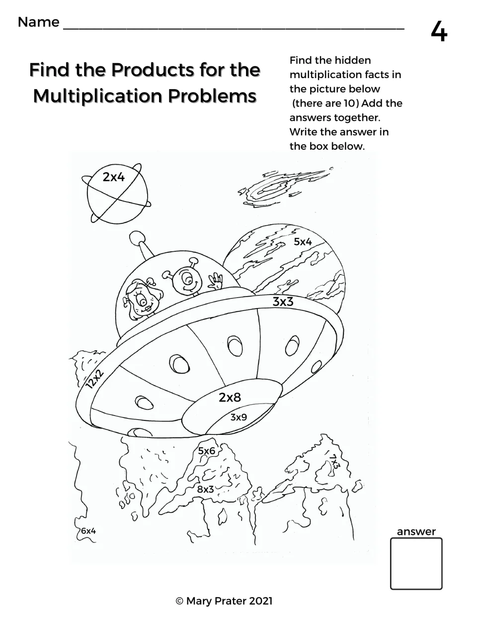Hidden facts in a space scene: students find 10 multiplication facts in a UFO picture, solve each and add the products