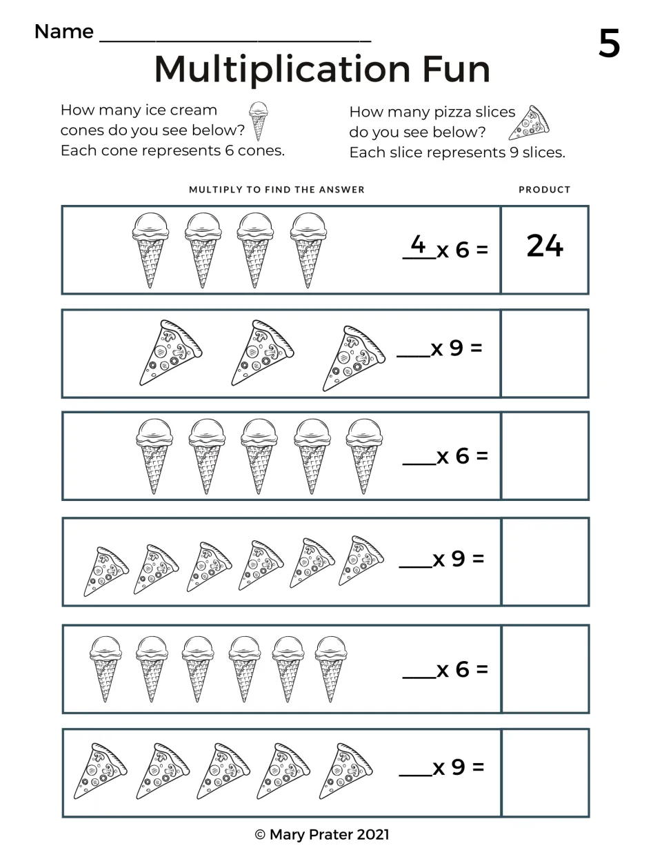 Multiplication Fun: students count ice cream cones (each worth 6) and pizza slices (each worth 9), then multiply
