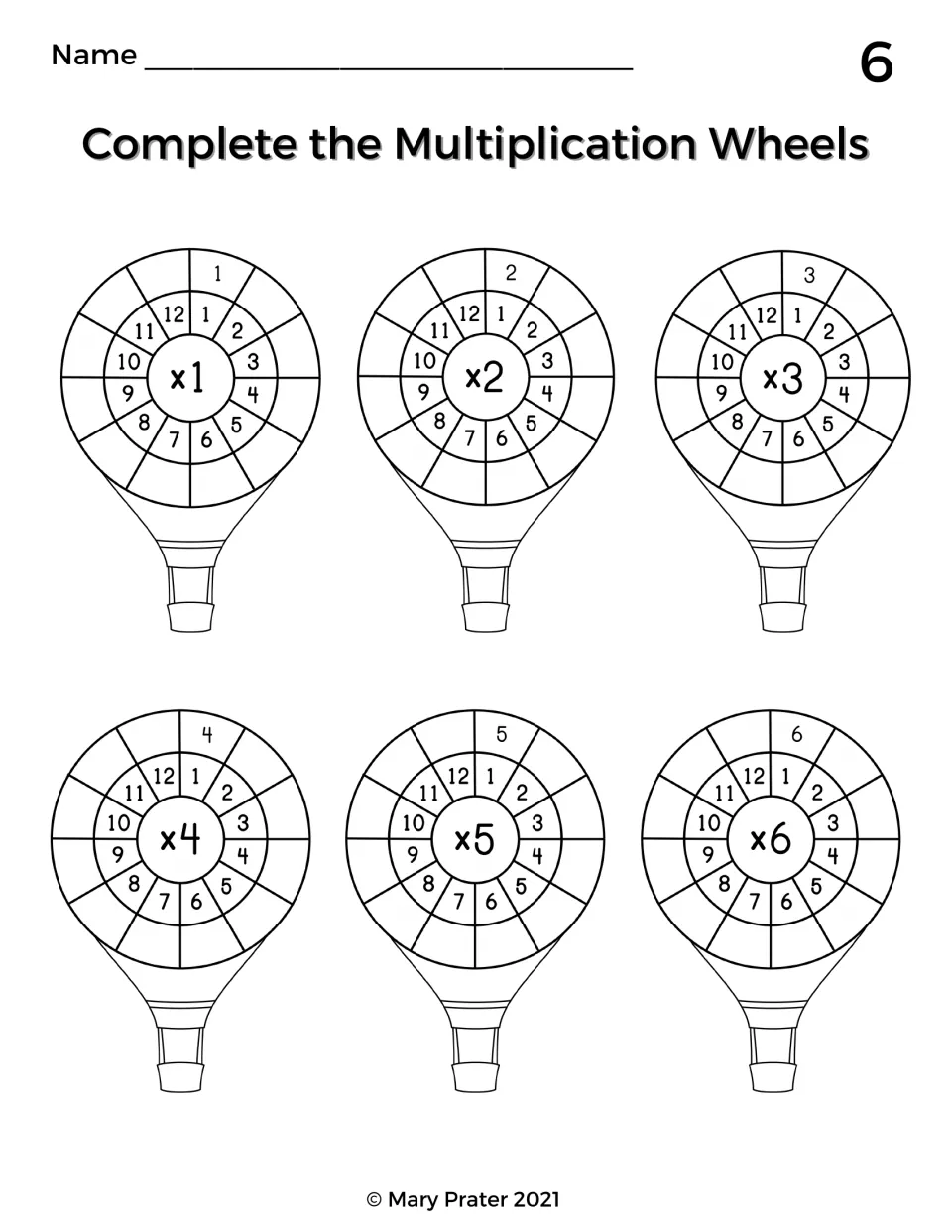 Multiplication wheels for x1 to x6: students fill in the outer ring of each hot-air balloon with products of 1 through 12