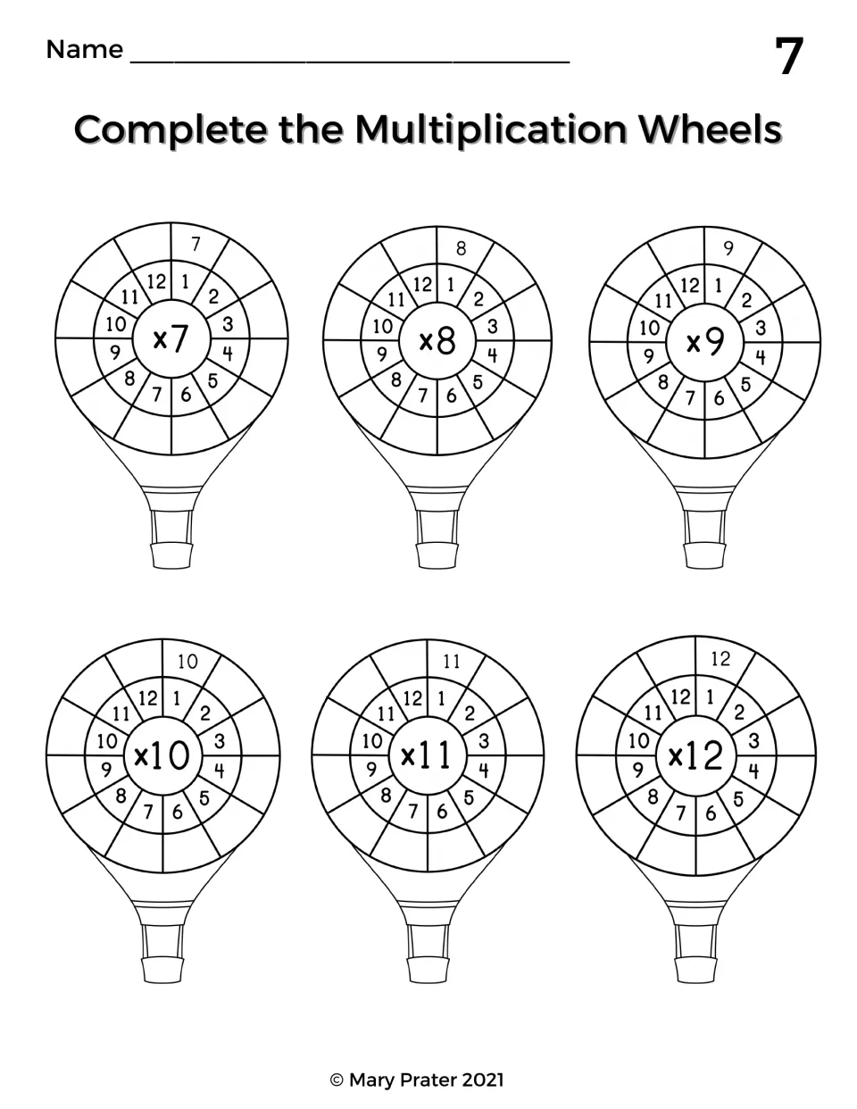 Multiplication wheels for x7 to x12: students complete each balloon wheel by writing the products of 1 through 12