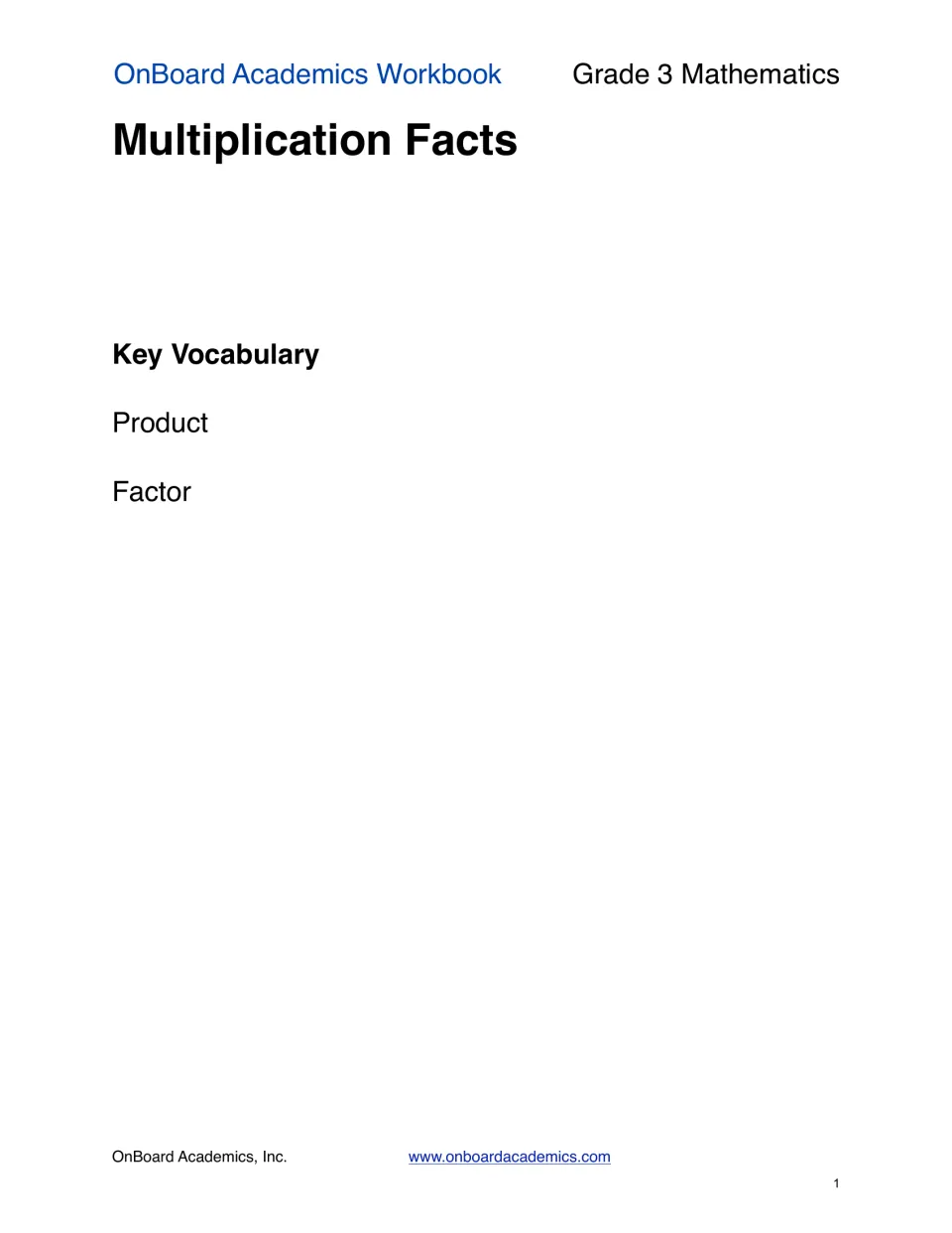 Multiplication Facts section opener introducing two key vocabulary words for the unit: product and factor