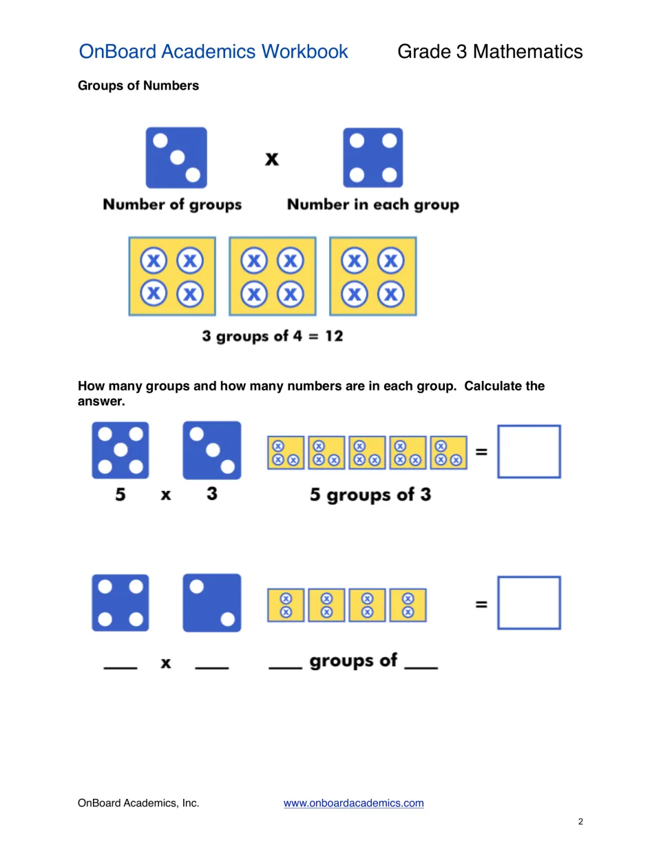 Groups of Numbers: a 3 groups of 4 = 12 model, then students count groups and group size to solve 5 x 3 and 4 x 2