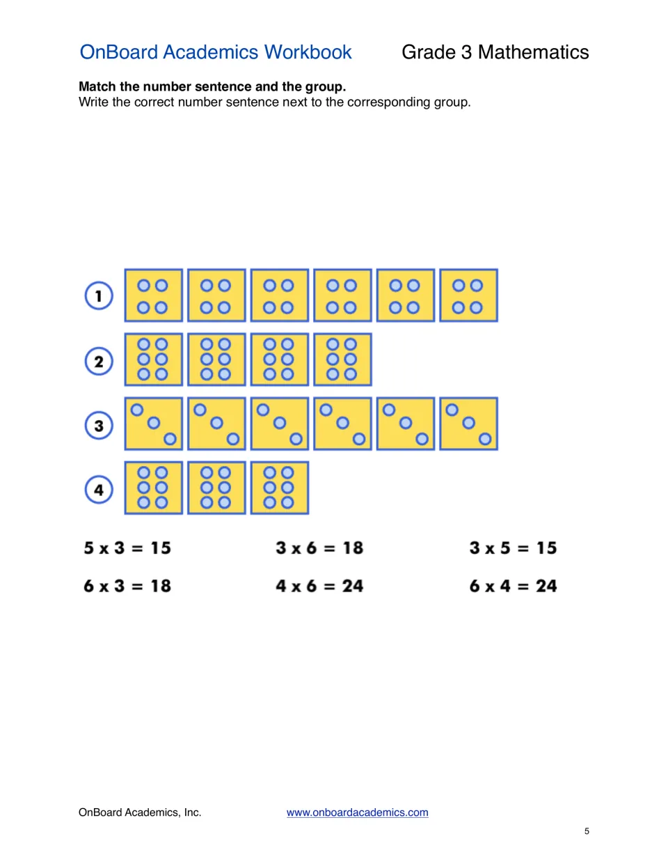 Matching facts to arrays: students write the number sentence, like 6 x 4 = 24, next to each of four dot groups