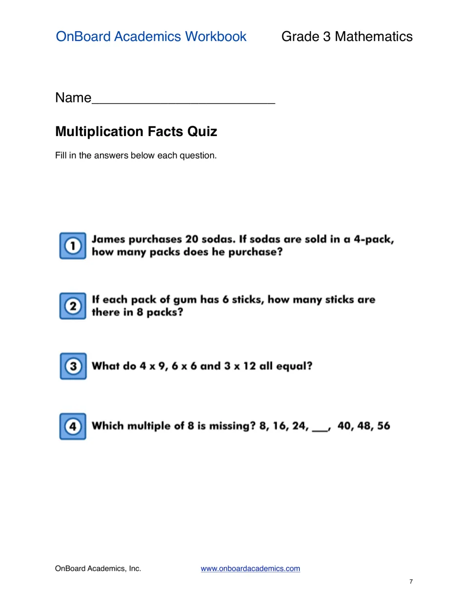 Multiplication Facts Quiz: four questions on soda 4-packs, gum sticks, facts with equal products and a missing multiple of 8
