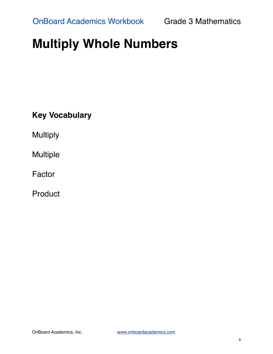 Multiply Whole Numbers section opener listing key vocabulary: multiply, multiple, factor and product