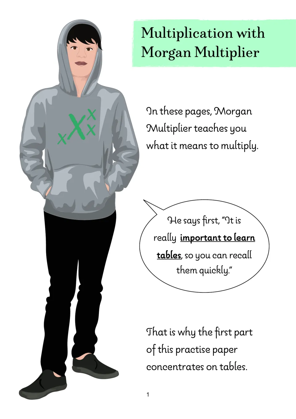Multiplication with Morgan Multiplier intro: a cartoon character explains why learning tables for quick recall matters