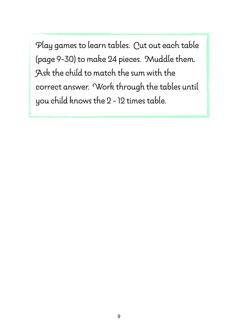Tables matching game directions: cut each table into 24 pieces, mix them and have the child match each sum to its answer