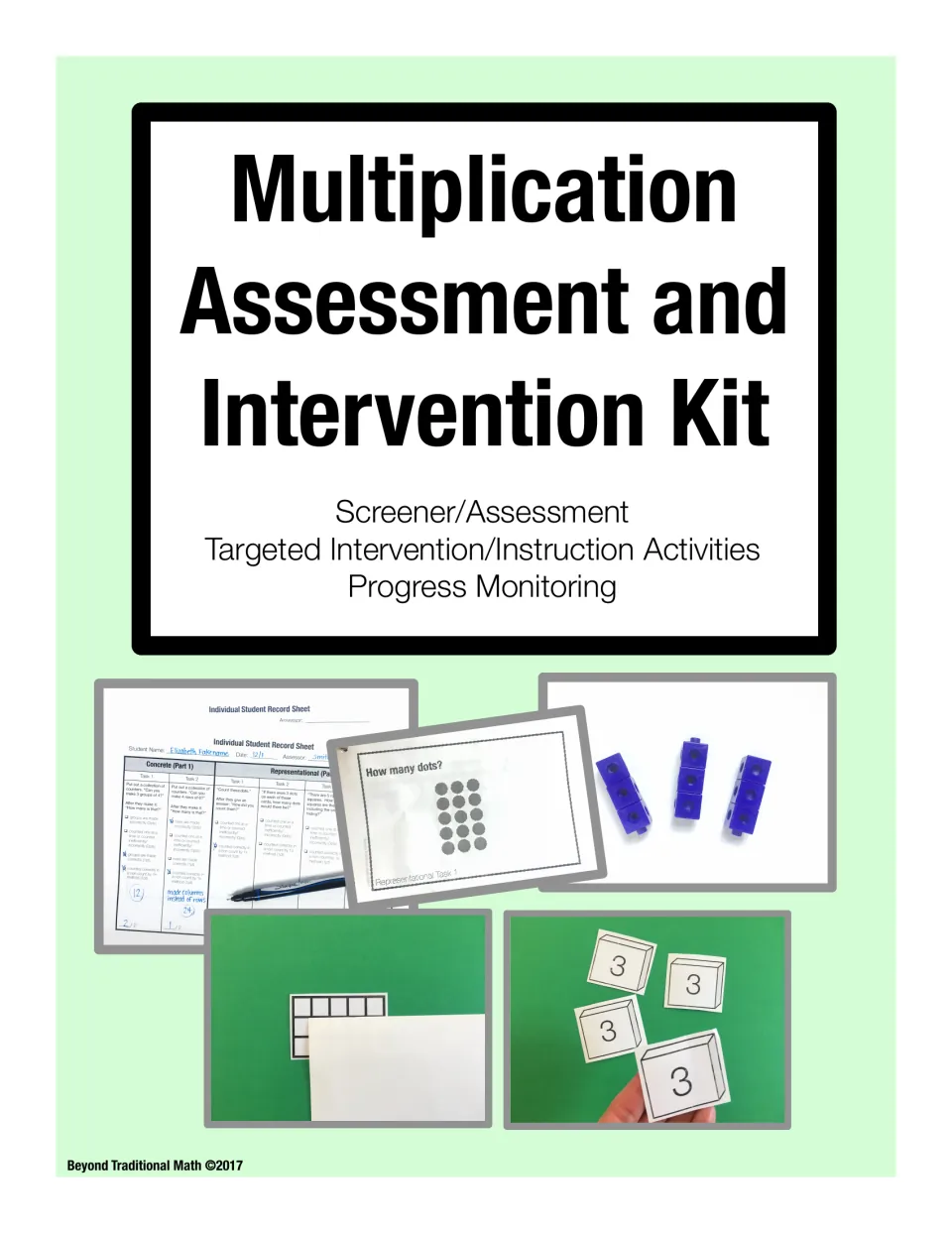 Multiplication Assessment and Intervention Kit cover: screener, intervention activities, progress monitoring photos