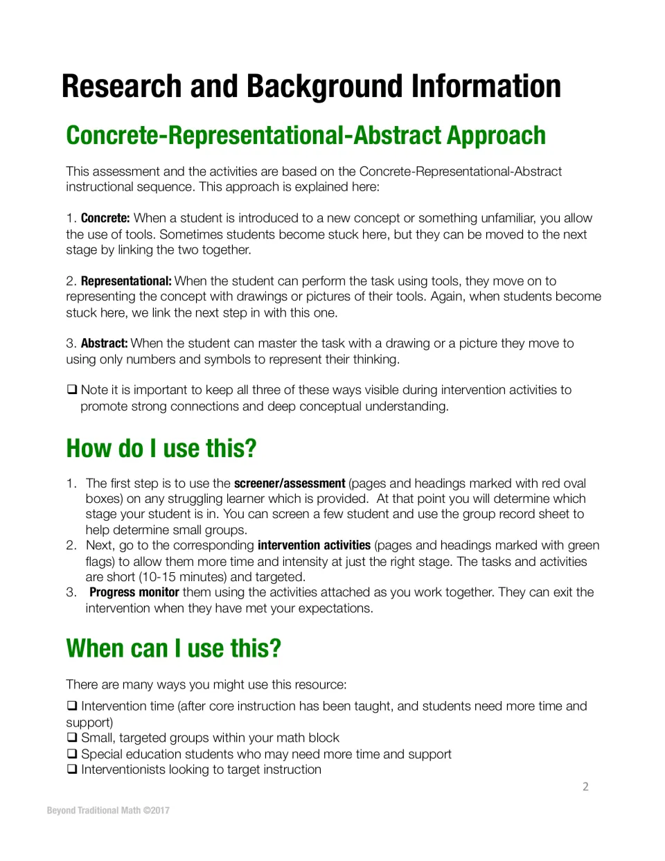 Concrete-Representational-Abstract approach explained, with steps for screening, intervening and progress monitoring