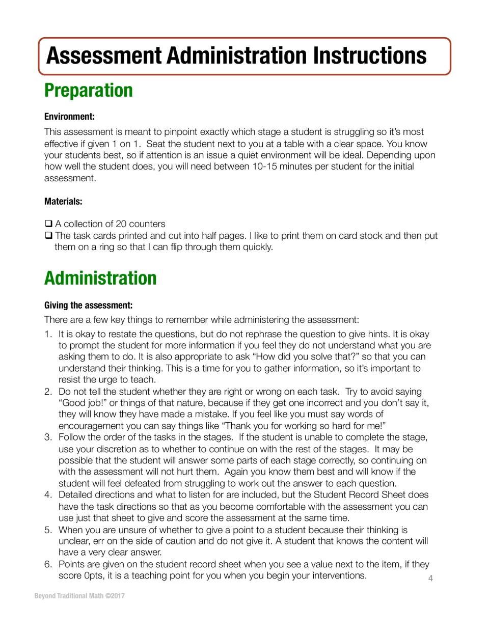 Screener administration guide: 1-on-1 setup, 20 counters, task cards on a ring, and six rules for giving and scoring tasks