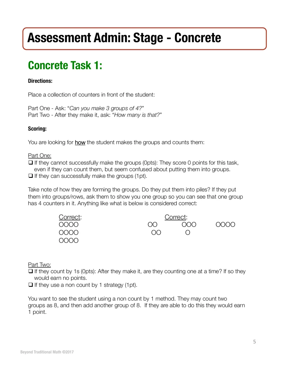 Concrete Task 1 script: student makes 3 groups of 4 with counters and tells how many; scoring for grouping and counting