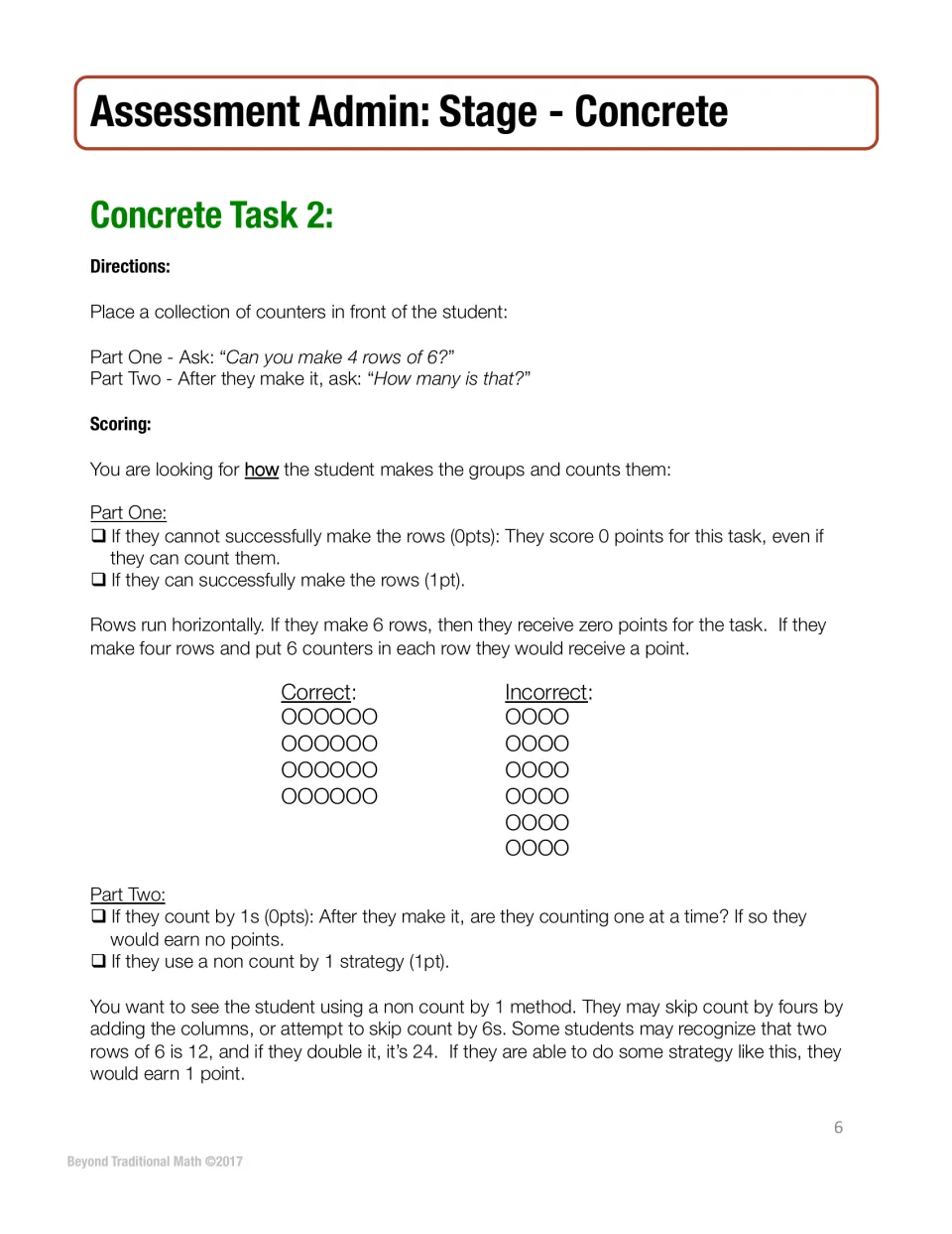 Concrete Task 2 script: student builds 4 rows of 6 with counters, then finds the total; correct and incorrect arrays shown