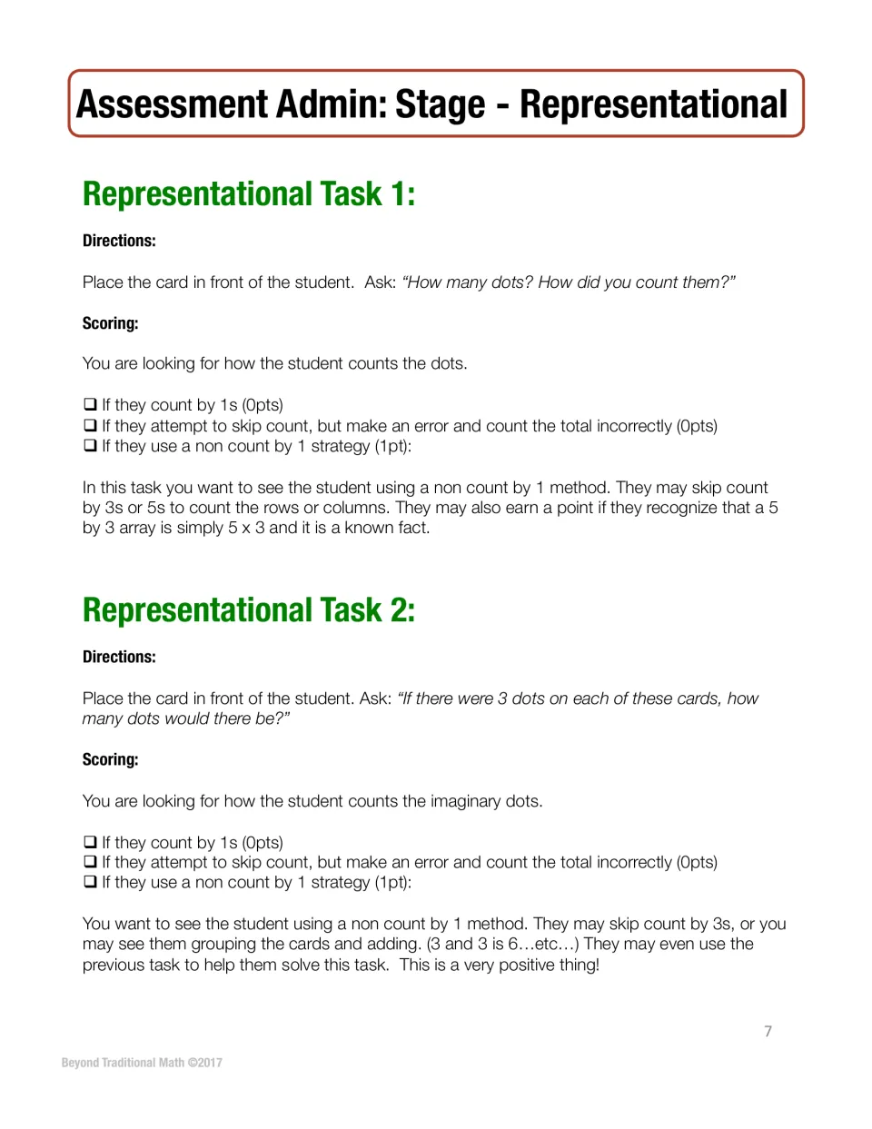 Representational Tasks 1 and 2: student counts a 5 by 3 dot array and finds dots on cards with 3 each; scoring by strategy