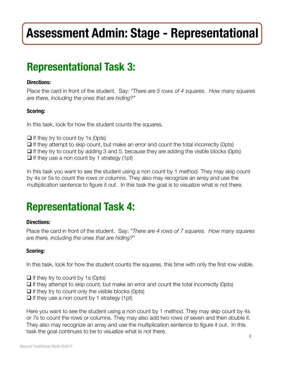 Representational Tasks 3 and 4: student finds totals of 5 rows of 4 and 4 rows of 7 squares when some squares are hidden