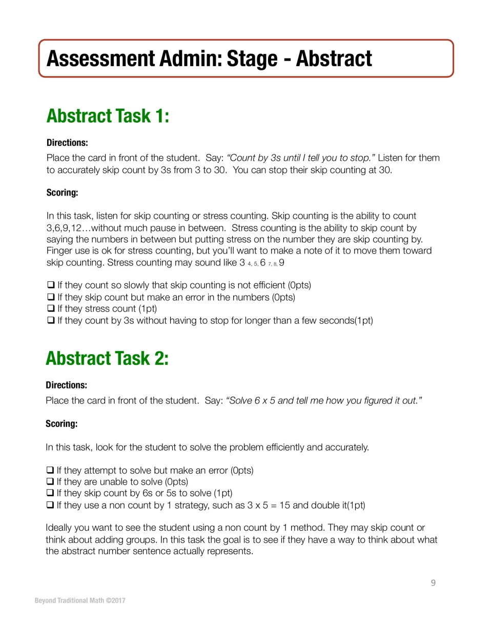 Abstract Tasks 1 and 2: student skip counts by 3s to 30 and solves 6 x 5 aloud; scoring for skip and stress counting