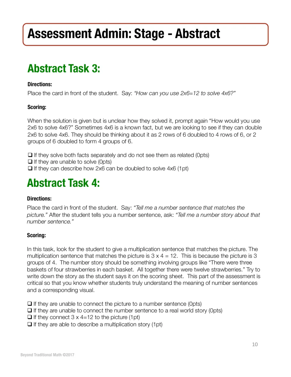 Abstract Tasks 3 and 4: student doubles 2x6=12 to solve 4x6, then tells a number sentence and story for 3 groups of 4
