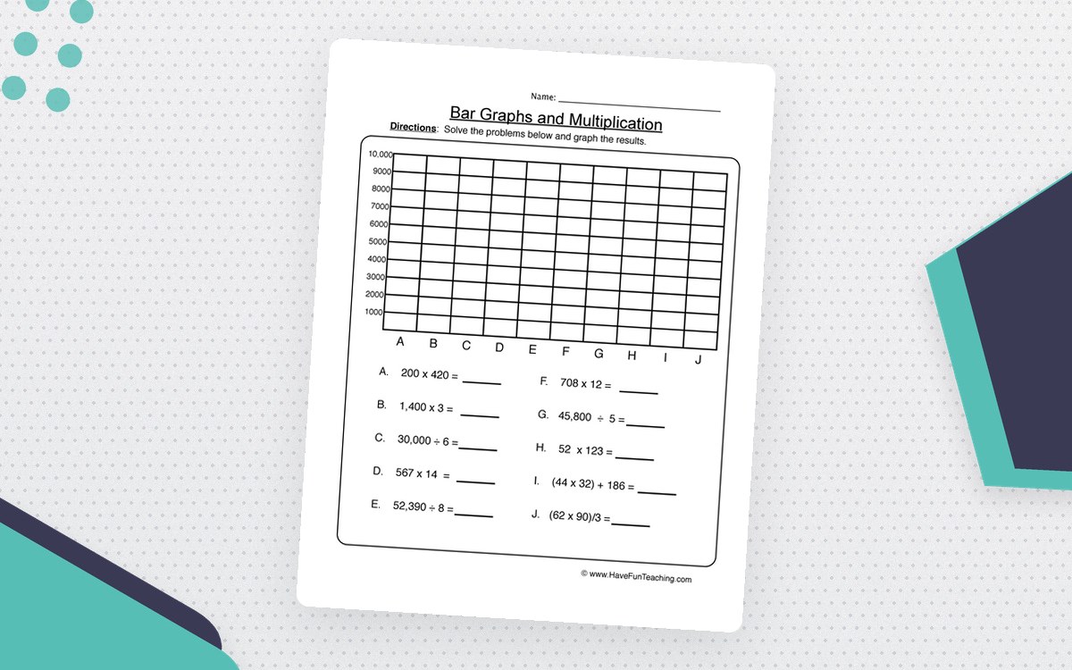 Bar Graphs and Multiplication worksheet with a blank scaled graph and ten computation prompts.