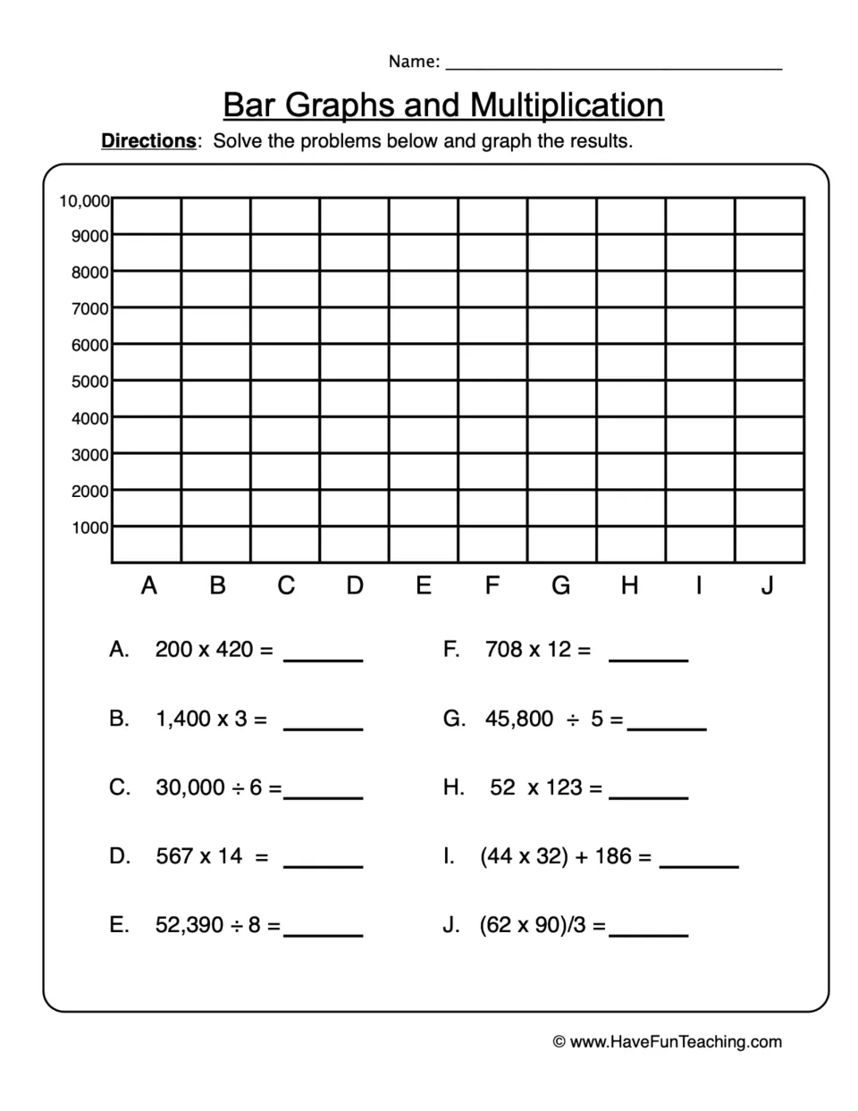 Bar Graphs and Multiplication: students solve 10 multiplication and division problems, A to J, then graph each result