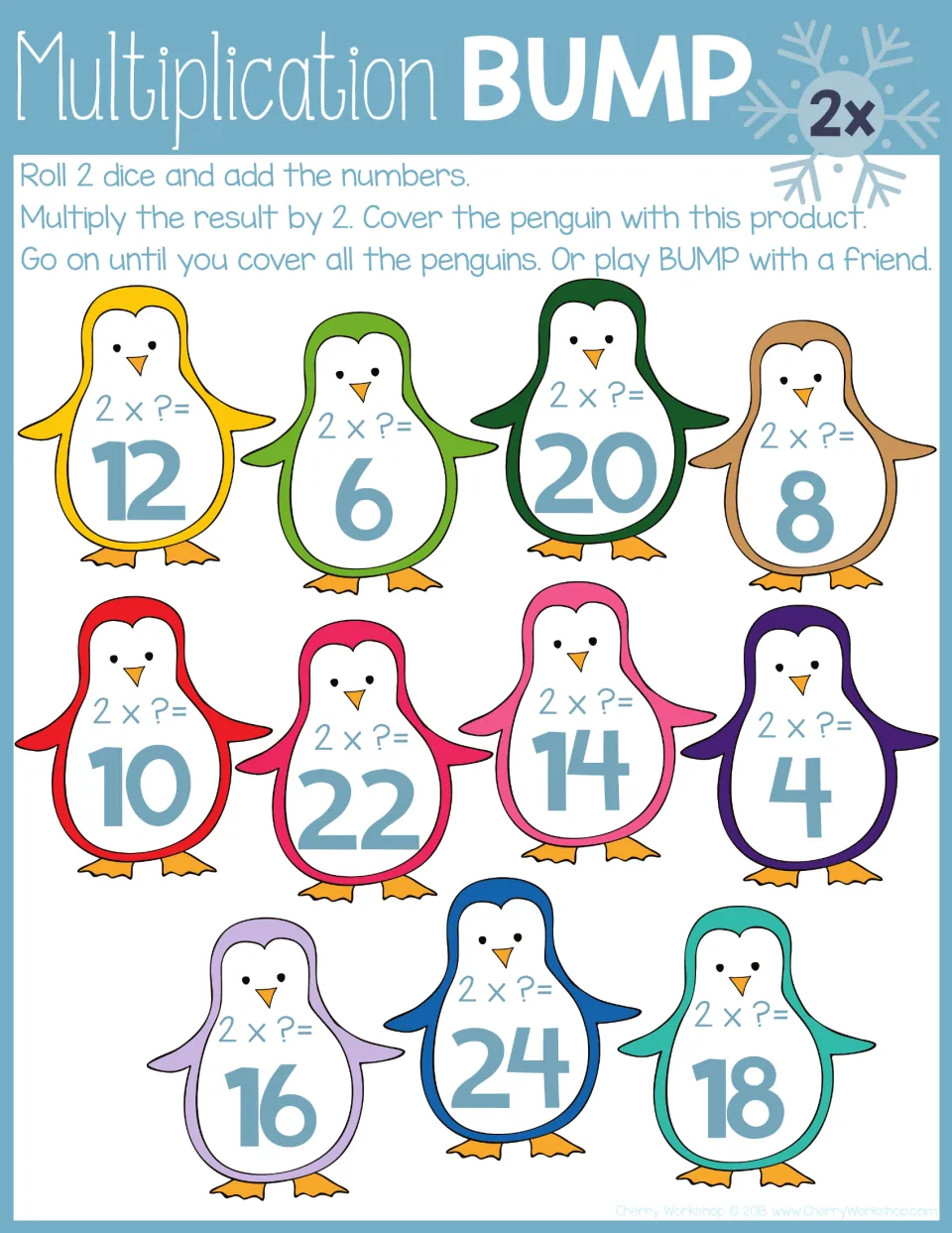 2x times table: students add 2 dice, double the sum and cover products such as 12, 20, 22 and 24 on rainbow penguins