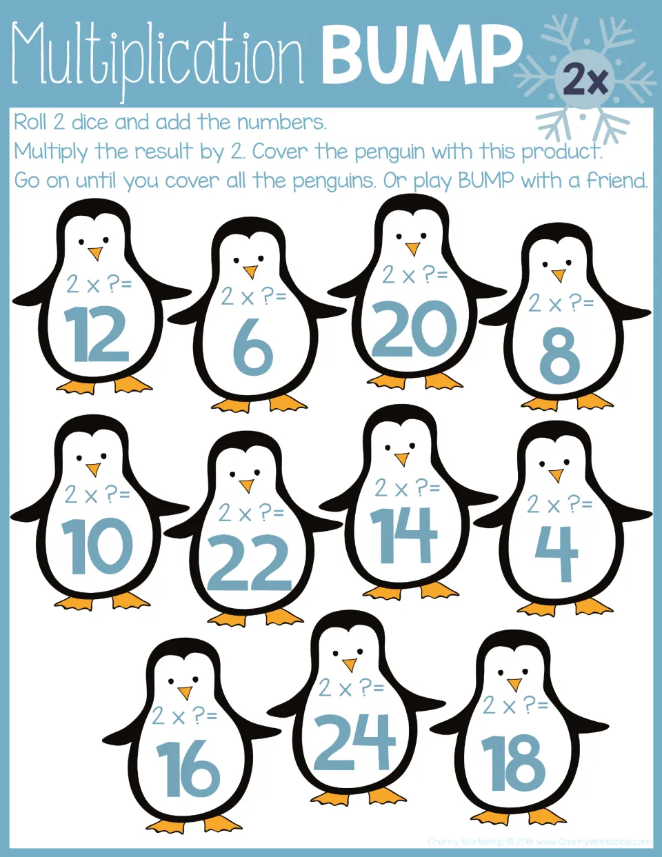 2x facts game: roll two dice, add, multiply by 2 and cover the product among black penguins showing even numbers 4 to 24