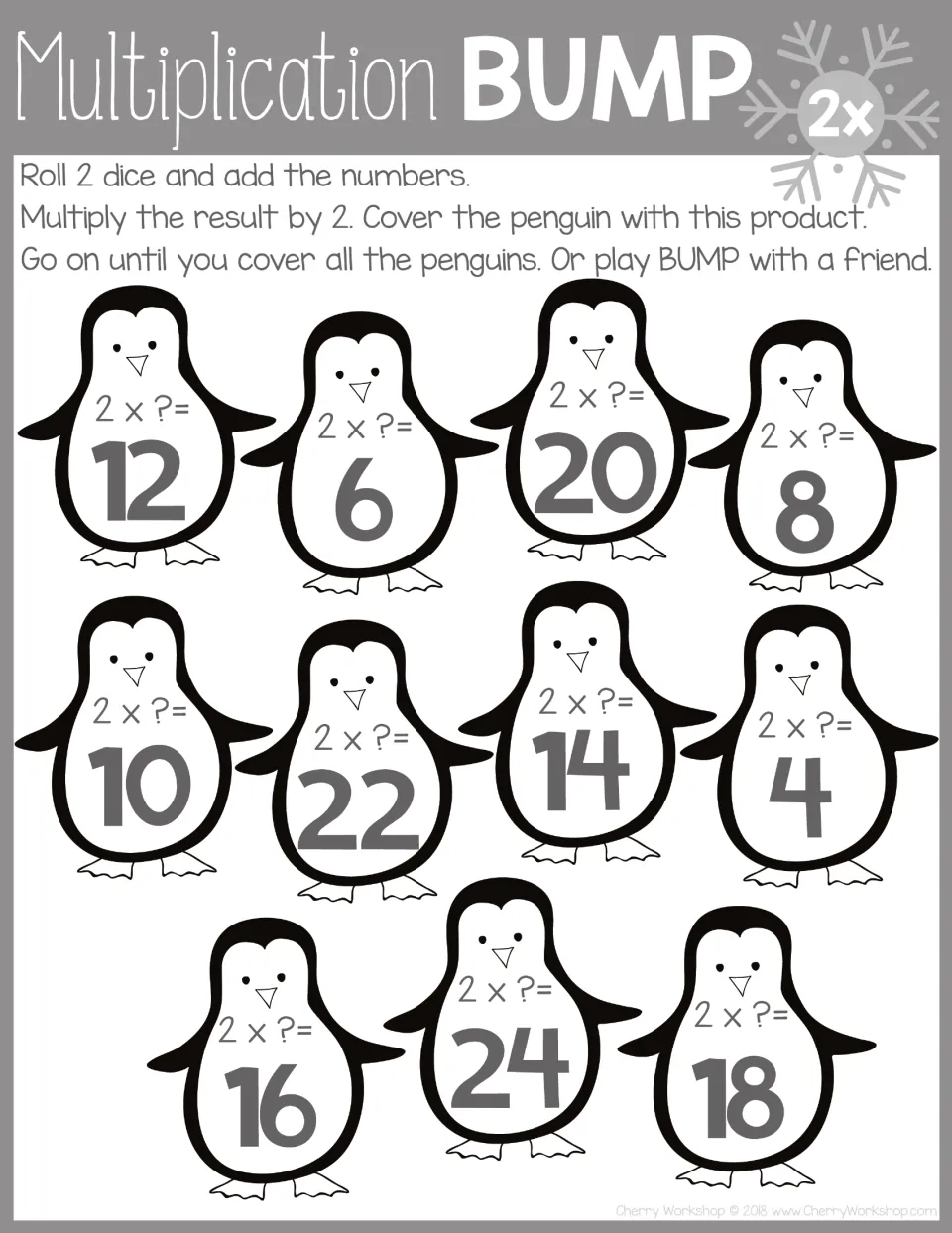 Grayscale 2x board: players double the sum of two dice and mark the matching product from 4 to 24 on outlined penguins