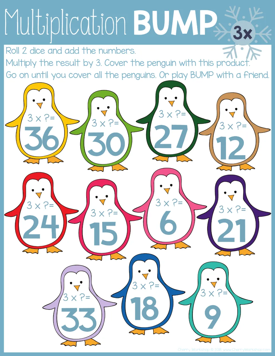 3x times table: students add 2 dice, multiply by 3 and cover products such as 36, 27, 21 and 33 on rainbow penguins