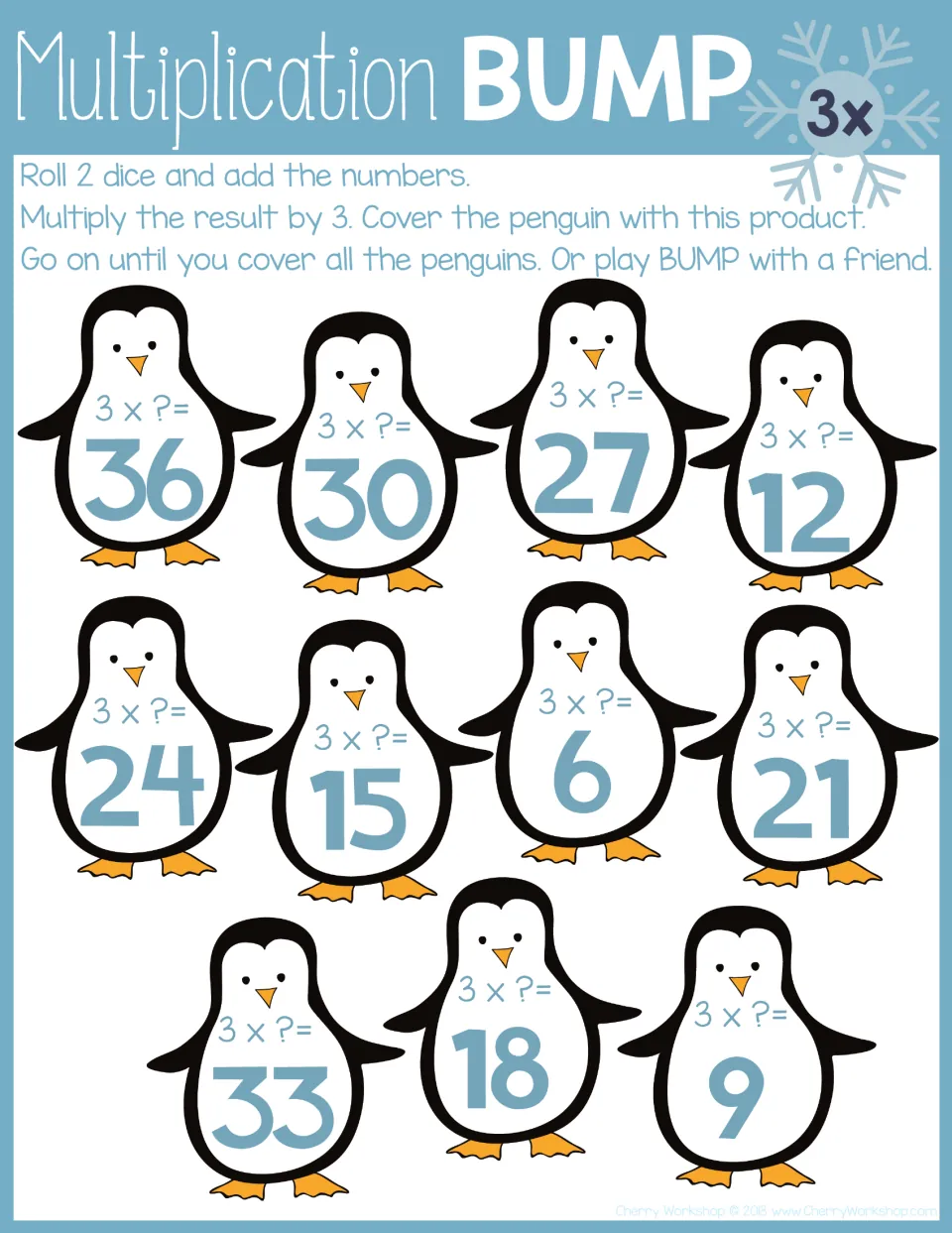 3x facts game: roll and add two dice, multiply by 3, then cover the product from 6 to 36 on black-outlined penguins