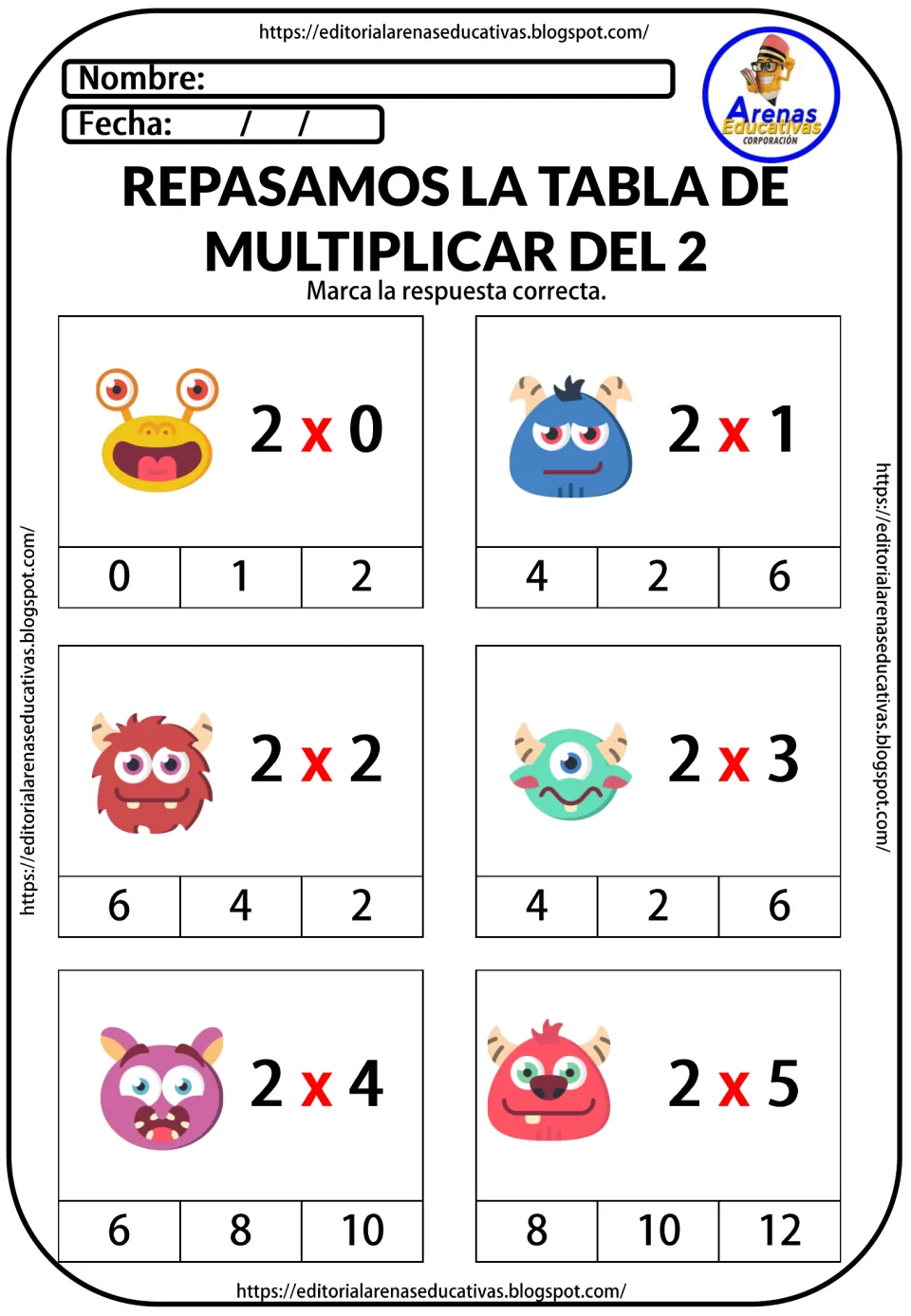 Times table of 2 in Spanish: students mark the correct product for 2 x 0 through 2 x 5 from three choices beside monsters