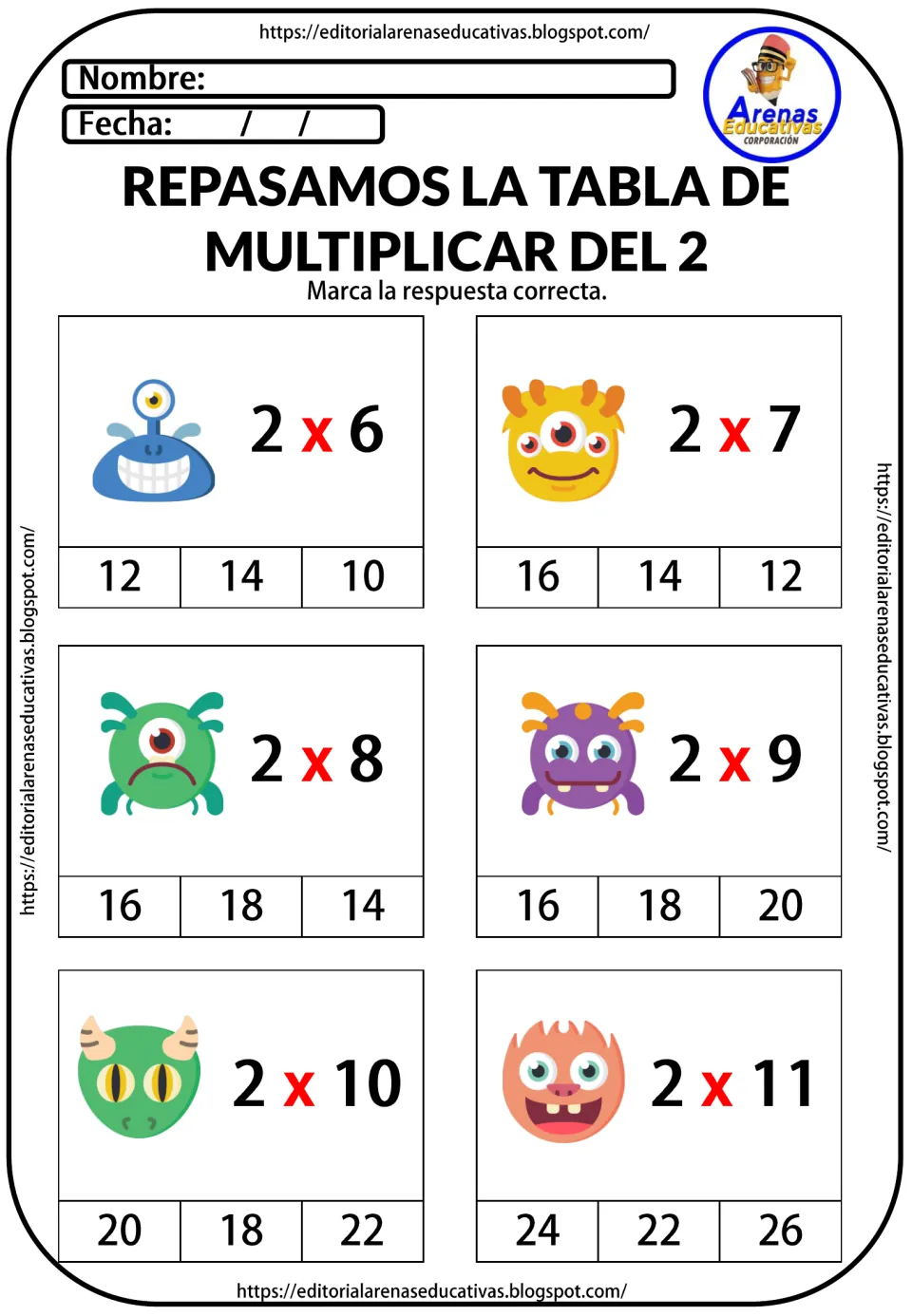 Multiplying by 2, facts 2 x 6 to 2 x 11: students pick the correct answer from three choices under each monster card